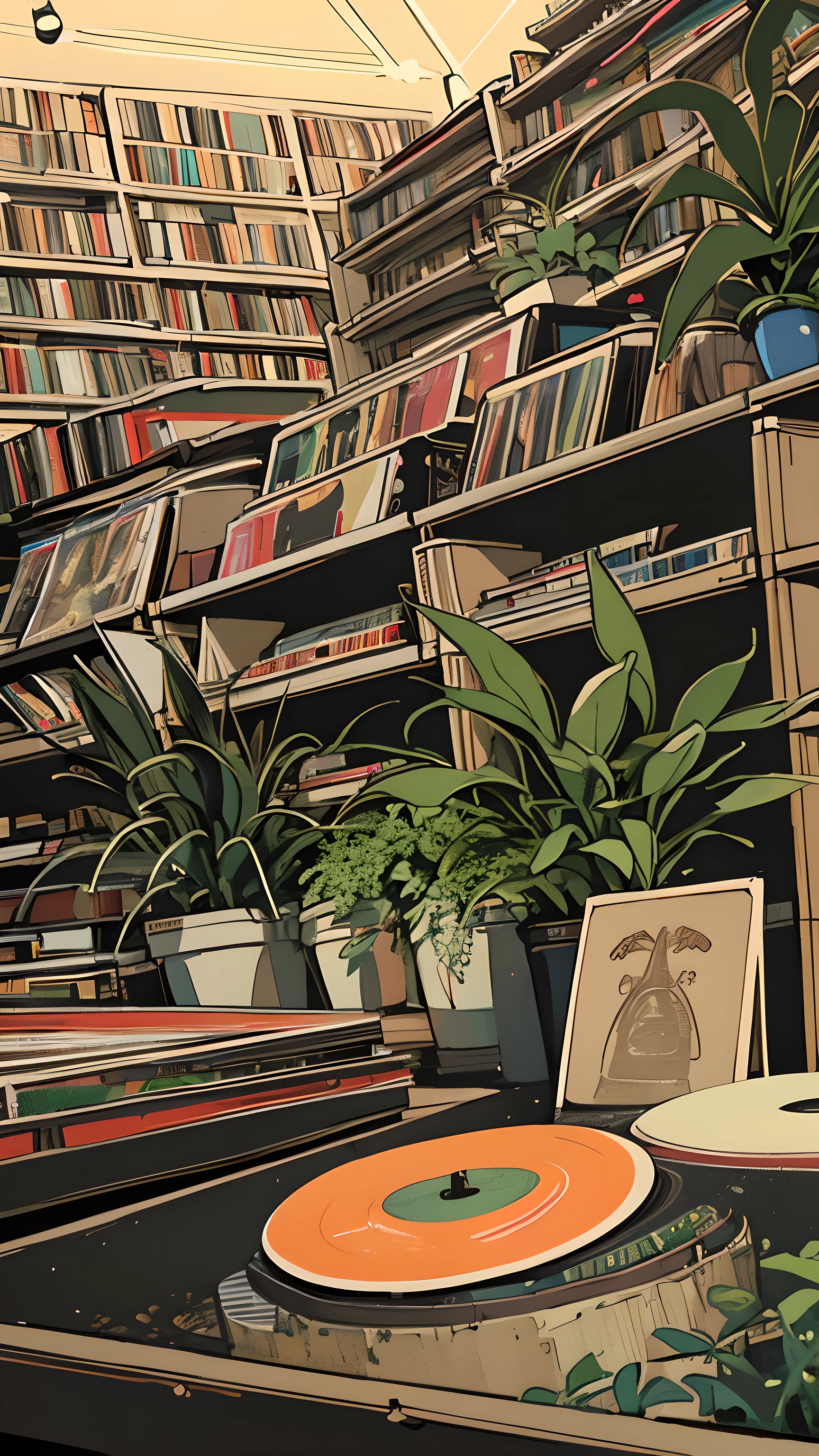 extreme quality, masterpiece, 8k, depth of field, intricate details, (((unattended))), space, movie poster, (((record store))), nostalgia, panorama, long shot, (((records on the shelves.))), (((Various angles))),Future Interior, (((neon))), (((Plants)))