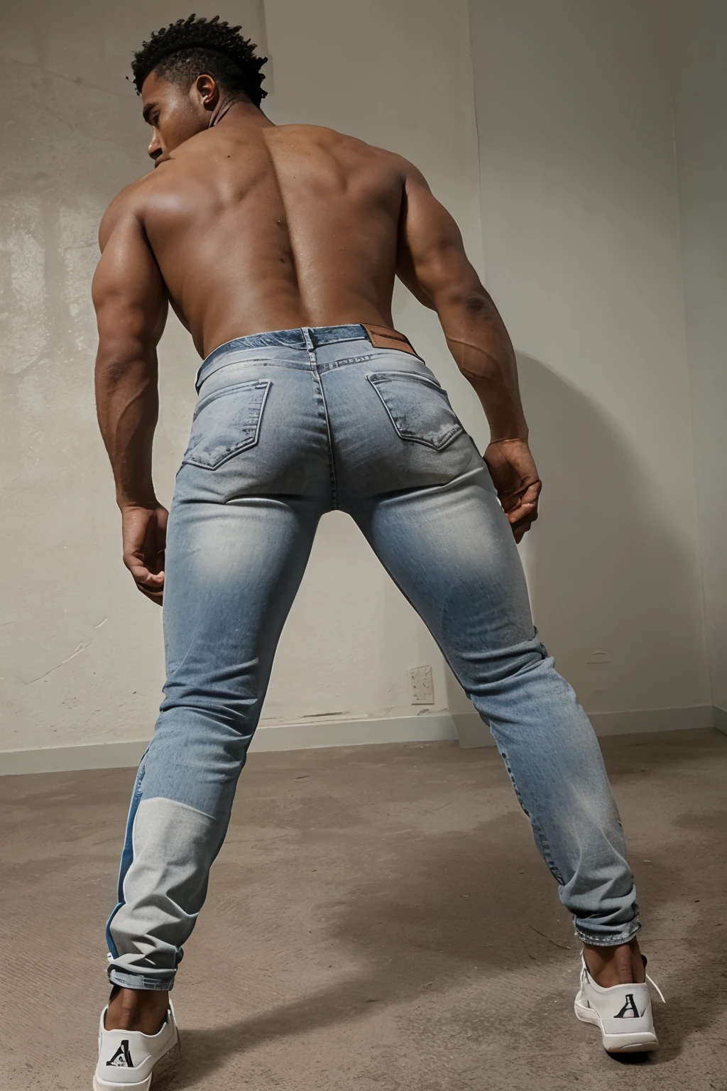 jogador de futebol, homem negro, very handsome, cabelos brancos, muscular, full body, gray jeans (((backside))) ((bent over))