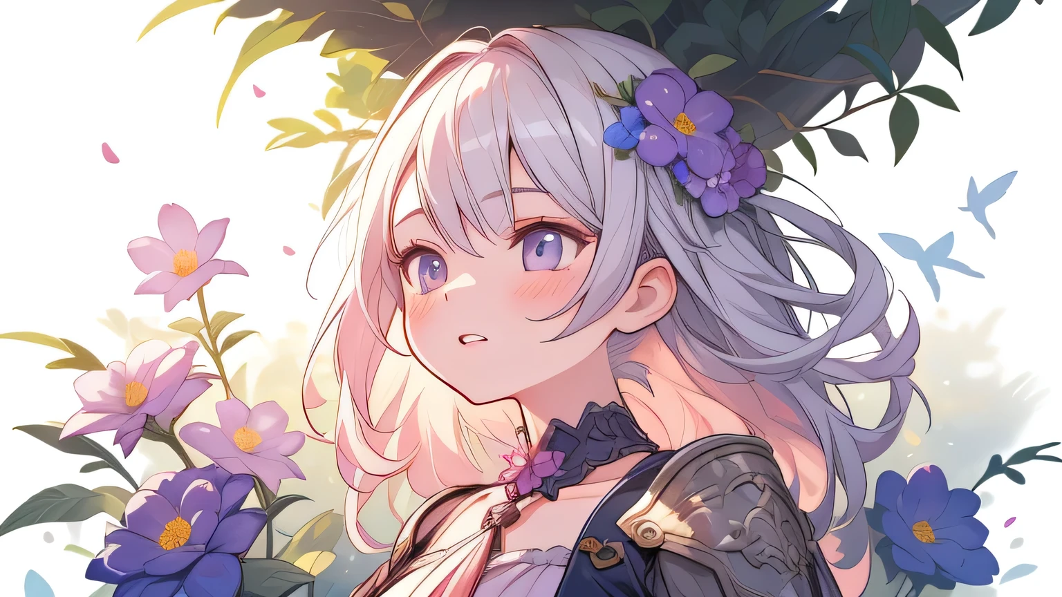 solo, a girl with pastel hair and a complementary colored dress with flowers around her neck and shoulder, with a flowers in her hair, two-tone hair, Charlie Bowater, stanley artgerm lau, a character portrait, fantasy art, (cartoon:1.3), looking away, image size 16:9
