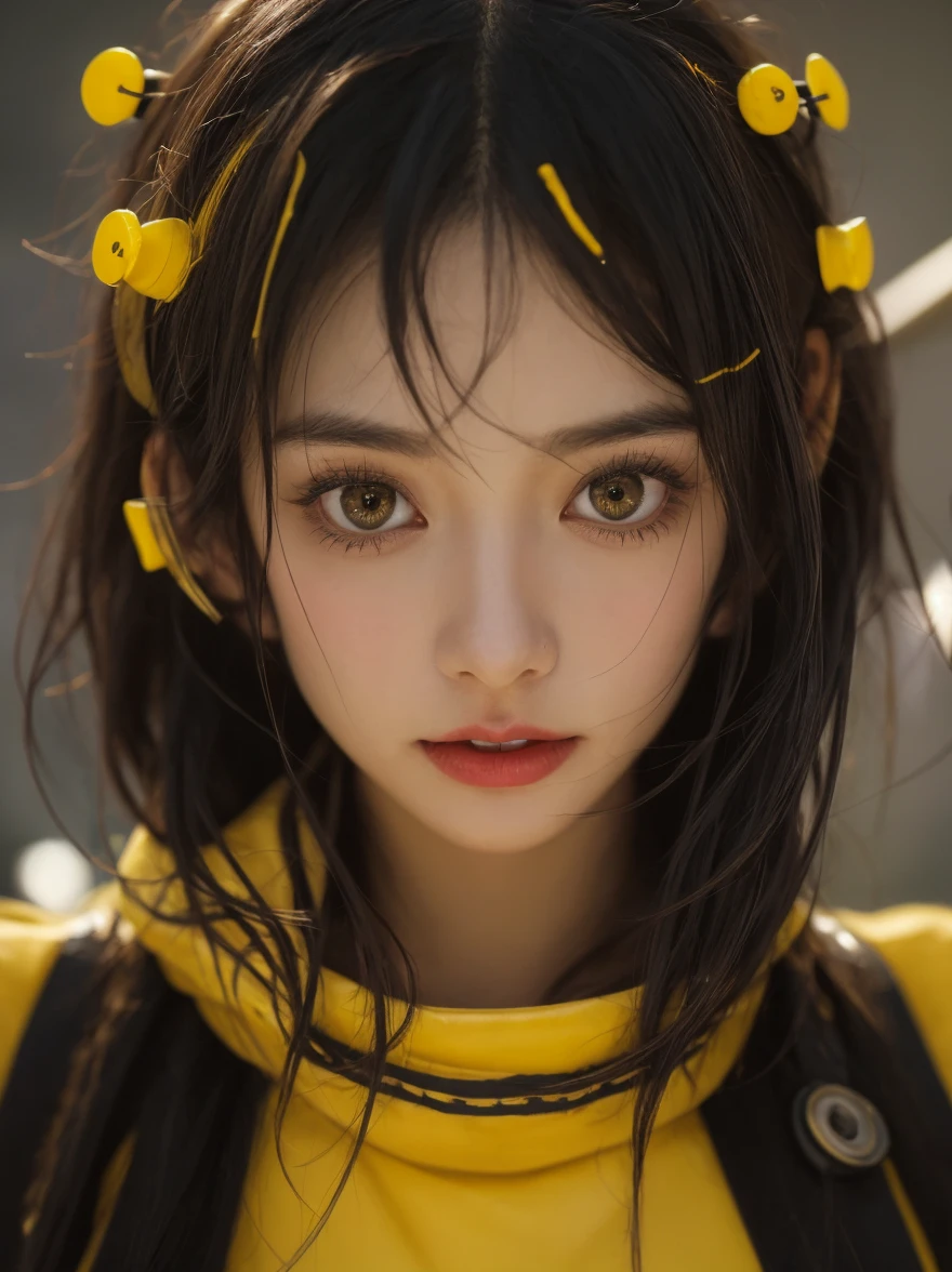 (Highest quality:1.2)。One Woman。Angry expression。(Wearing a yellow jacket cyberpunk coustem)。(stand)。The background is a black。(black shoes) , (full face) , (upper body) 