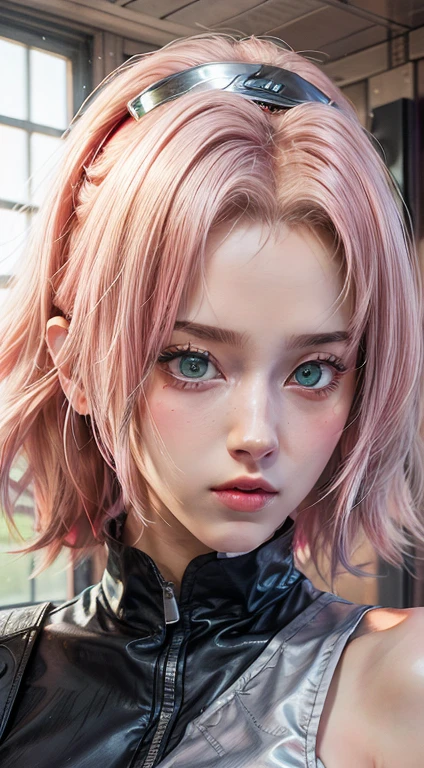 young woman, short shoulder-length pink hair, wide forehead, porcelain skin, pink eyebrows, big emerald green eyes, buttoned nose, full lips, heart-shaped face, slender body, small breasts, red tank top, Sakura Haruno , realistic, realism, details, 3d, well detailed