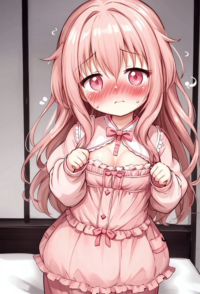 Cute  beautiful girl、(Petite and busty:1.2)、(blush:1.5)、Laugh shyly、Wavy Hair、pajamas、