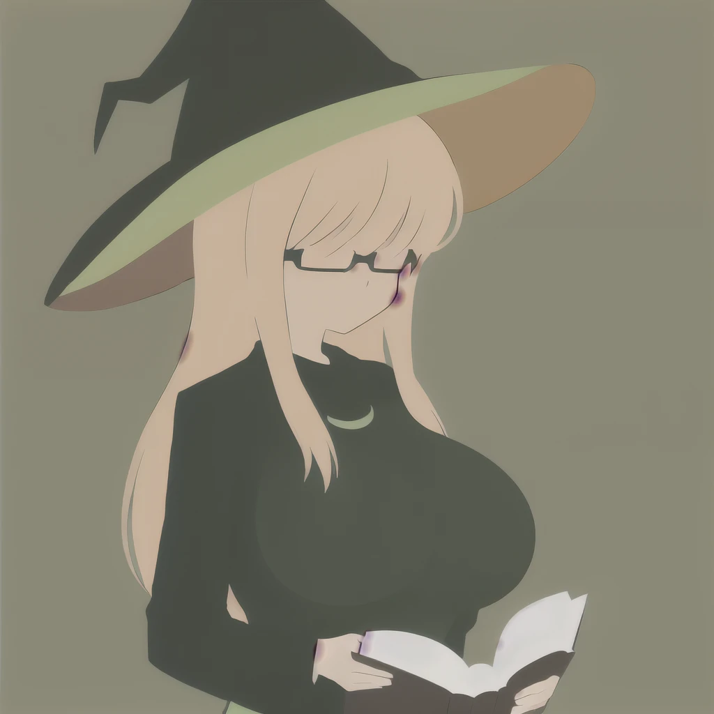 Anime Minimalist, One girl, alone, Flaxen Hair, Green background, hair ornaments, librarian,Glasses,hat,witch,(Turned to the side:1.5),(Reading a book:1.3),(Large Breasts.1.7),(Huge breasts:1.2)