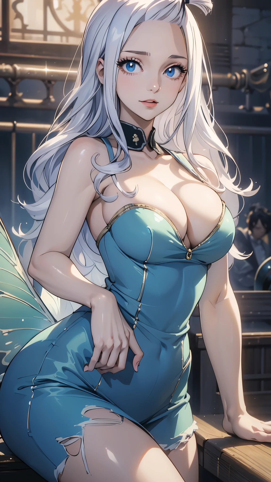 (best quality,highres:1.2),ultra-detailed,realistic,photorealistic:1.37,a beautiful girl (Mirajane Strauss from Fairy Tail) model in the image of a charming sexy Succubus with small horns,,long legs,medium breasts,extremely detailed face (with emphasis on azure eyes and she smile),Her white-colored hair falls to her shoulders.She is dressed in short blue denim shorts and a very short top (very shabby and torn in places),bent down, lifting her ass to the top,more sexy pose,illustration,colorful pop up art style,dynamic lighting,neon colors.Nsfw
