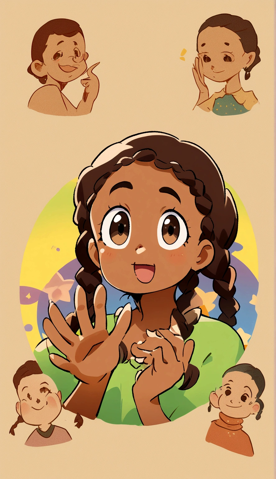 drawing of a girl with braids waving her hand, african american girl, in cartoon style, colored illustration, charicature, official illustration, cartoon portrait, cartoon character, a portrait of the character, cartoon style illustration, character portrait of me, official character illustration, cartoon illustration, character full body portrait, character is in her natural pose, full body portrait of a short!