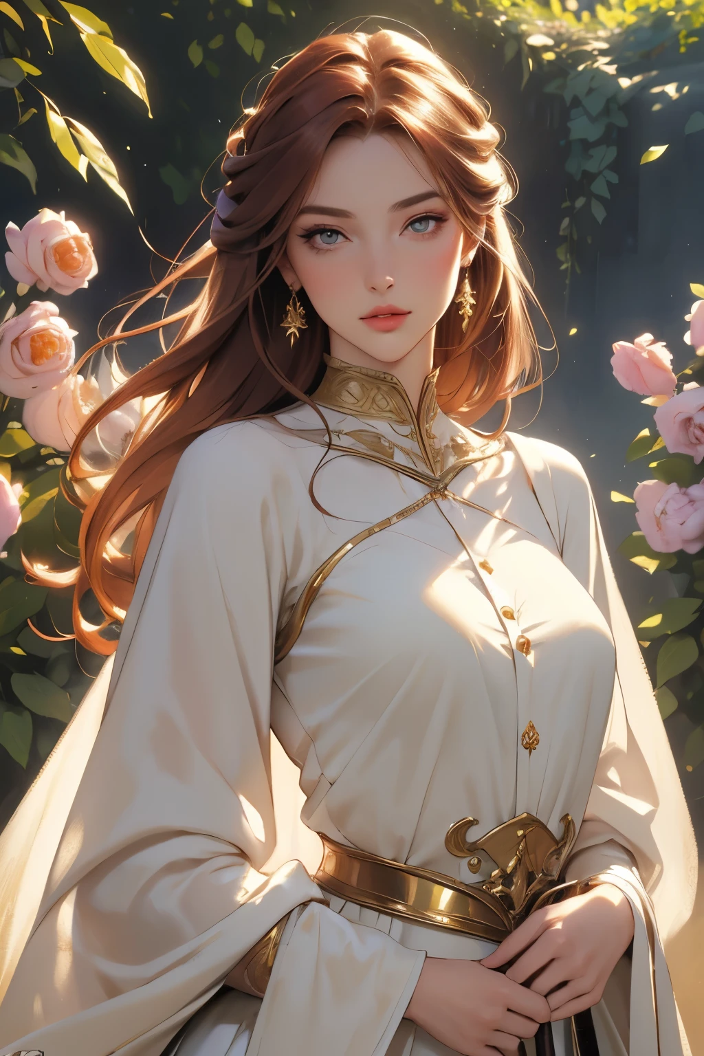 (masterpiece, best quality:1.2), (absurd res, high res, ultra detailed), 1 woman, beautiful, tall, feminine, medium sized breasts, (looking forward, finely detailed eyes), finely detailed face, long hair, small waist, narrow shoulders, full lips, doe-like eyes, button nose, wide hips, large lips, thick thighs, large ass, cute, thick eyelashes, defined nose, realistic eyes, modest clothing, garden scenery, fantasy, whip swords, no skin showing, auburn hair color, gold eye color, gown