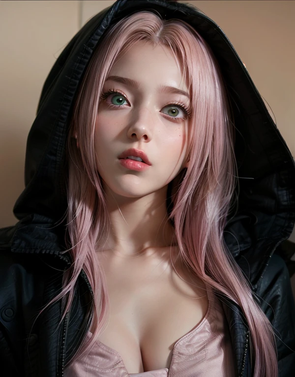 young woman, short shoulder-length pink hair, wide forehead, porcelain skin, pink eyebrows, big emerald green eyes, buttoned nose, full lips, heart-shaped face, slender body, small breasts, red tank top, Sakura Haruno , realistic, realism, details, 3d, well detailed