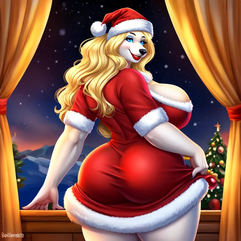 Blonde polar bear woman, wearing a backless Santa dress, perfect face, blue eyes, big breasts, cleavage, big butt, red lipstick, solo, smile, perfect detailed body,