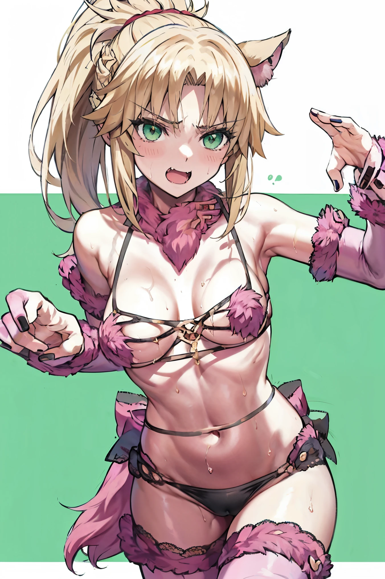 Masterpiece, Best Quality, illustration, city, 1girl, Mordred \(fate\), collarbone, Detailed blond hair ponytail braid, green eyes,,navel,thigh-high, covered_pussy,flat_chest,long_sworddangerousbeast,elbow_gloves,
,wolf_tail,wolf_ears,fang,happy,nihil,smile,spread_legs,claw_pose,armpits,open_mouth,angry,squat,bikini_bottoms,rise_hands,Highquality_hads,perfect_fingers,sweat,