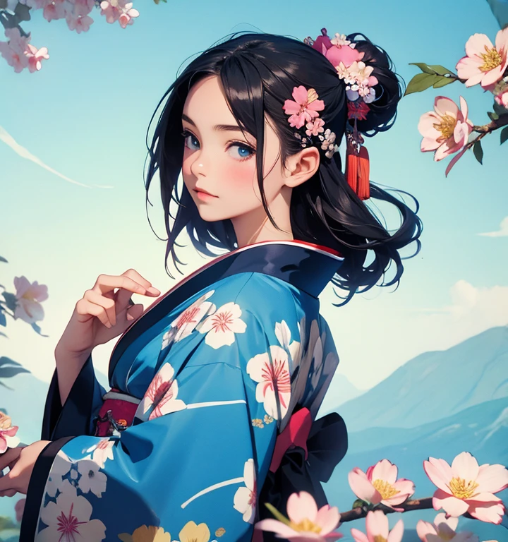 Anime girl in blue kimono with flowers in her hair, In kimono, in kimono, Japanese art style, Beautiful anime portraits, wear Kimono, Painted in an anime artist's studio, Digital anime illustration, Anime style portrait, wear Kimono,Anime-style illustrations, Anime Style 4k