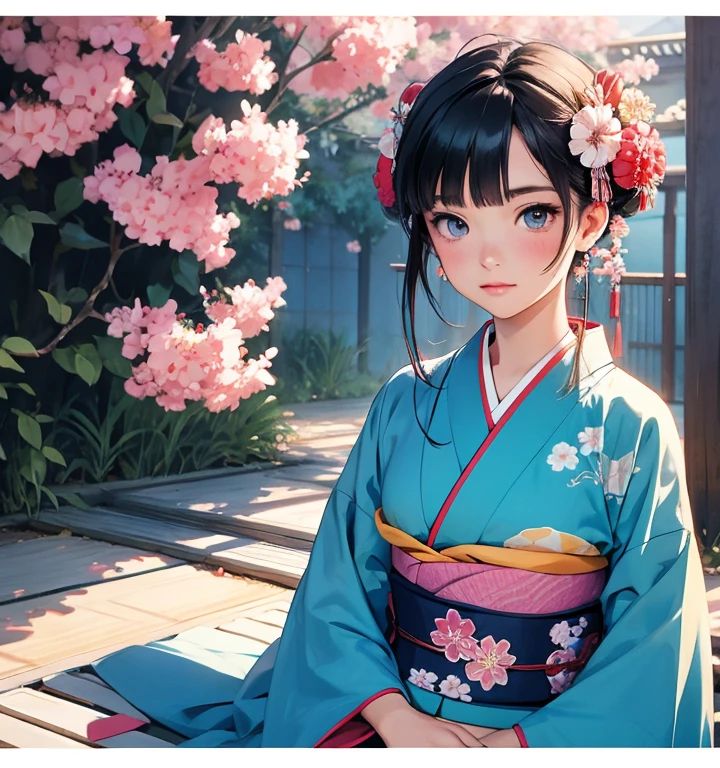 Anime girl in blue kimono with flowers in her hair, In kimono, in kimono, Japanese art style, Beautiful anime portraits, wear Kimono, Painted in an anime artist's studio, Digital anime illustration, Anime style portrait, wear Kimono,Anime-style illustrations, Anime Style 4k