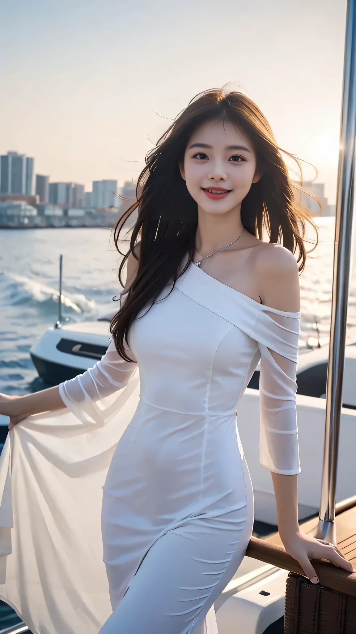 Araffe woman in white dress on a boat in the water - SeaArt AI