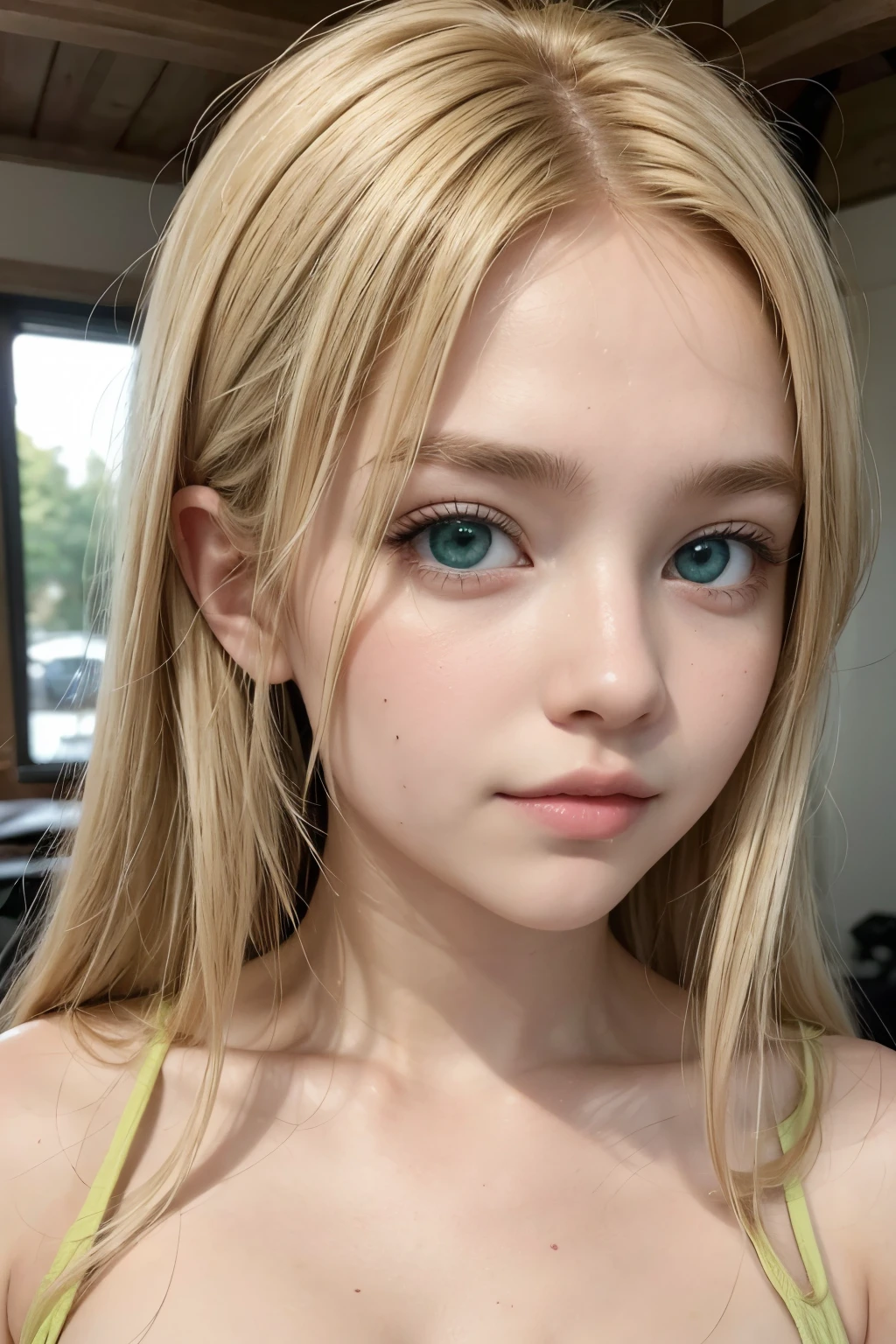 a girl with blonde hair and green eyes
