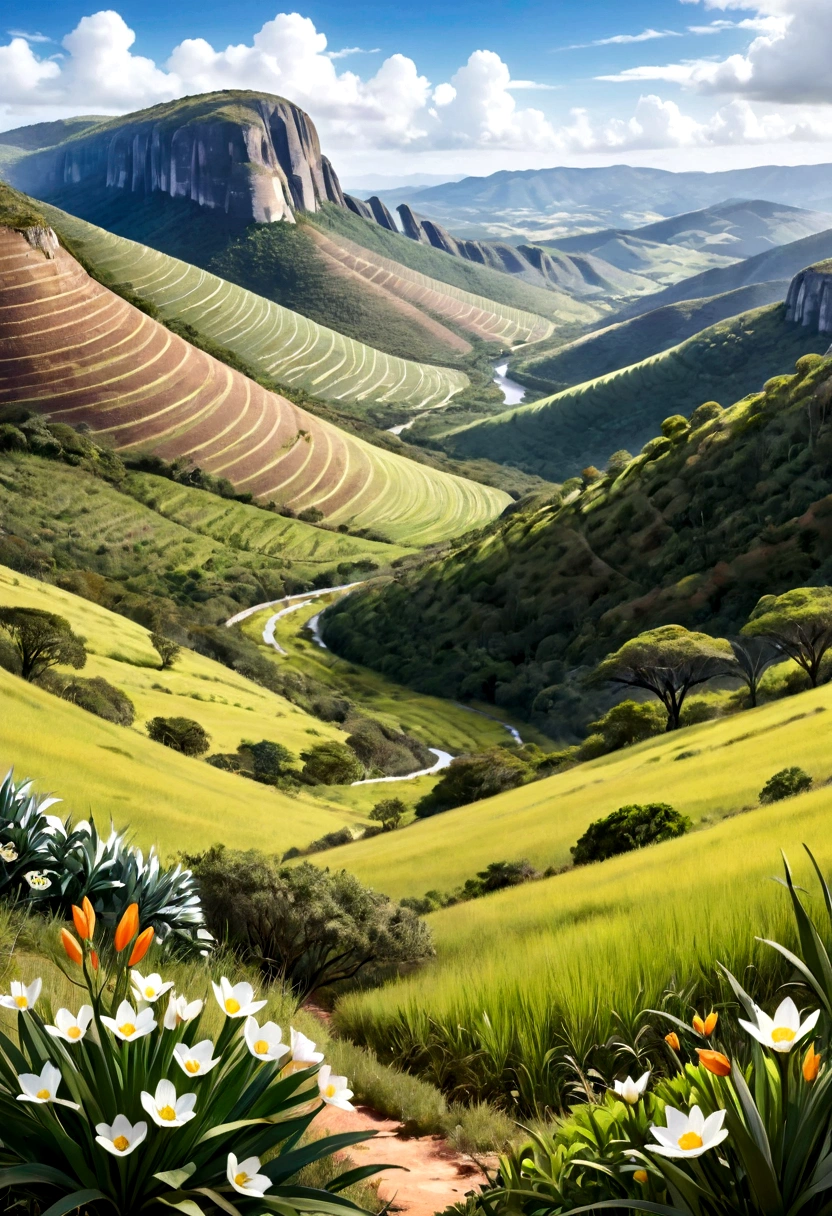 Transform this photograph into a watercolor-style drawing with clear lines. The image should capture the essence of the Cerrado biome, highlighting the local vegetation, landscapes, flowers, plants, and animals. Keep the details sharp, but apply a soft, watercolor texture. The illustration should have an artistic touch that highlights the natural beauty of the Serra do Espinhaço and the Serra do Cipó