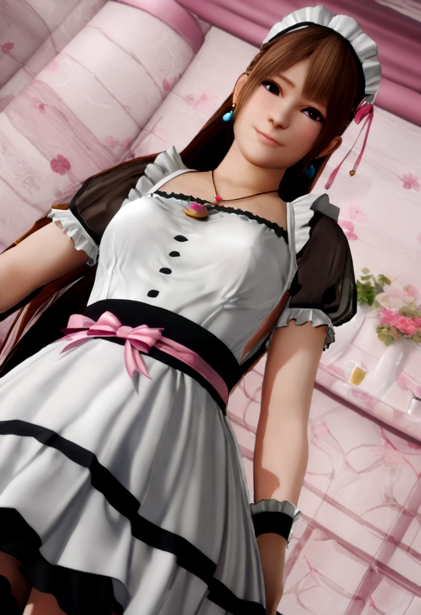 (2 young girls with long hair, Beautiful face and eyes and eyeliner,A delicate little face, pink eyes, Charming smile, (Maid cafe outfit with frilly, Sheer pleated mini skirt:1.5), (Transparent maid cafe costume with large open breasts and hollow:1.2), Sexy transparent underwear,Show belly button, Revealing sexy transparent white panties (very pretty girl), brown hair, Fashion hair accessories quality:1.4), (Extremely detailed),Pendants and earrings、 (Extremely detailed CG unified 8k wallpaper), Very detailed, High-resolution original color photos, Professional photography, Depth of Field, (view from below),