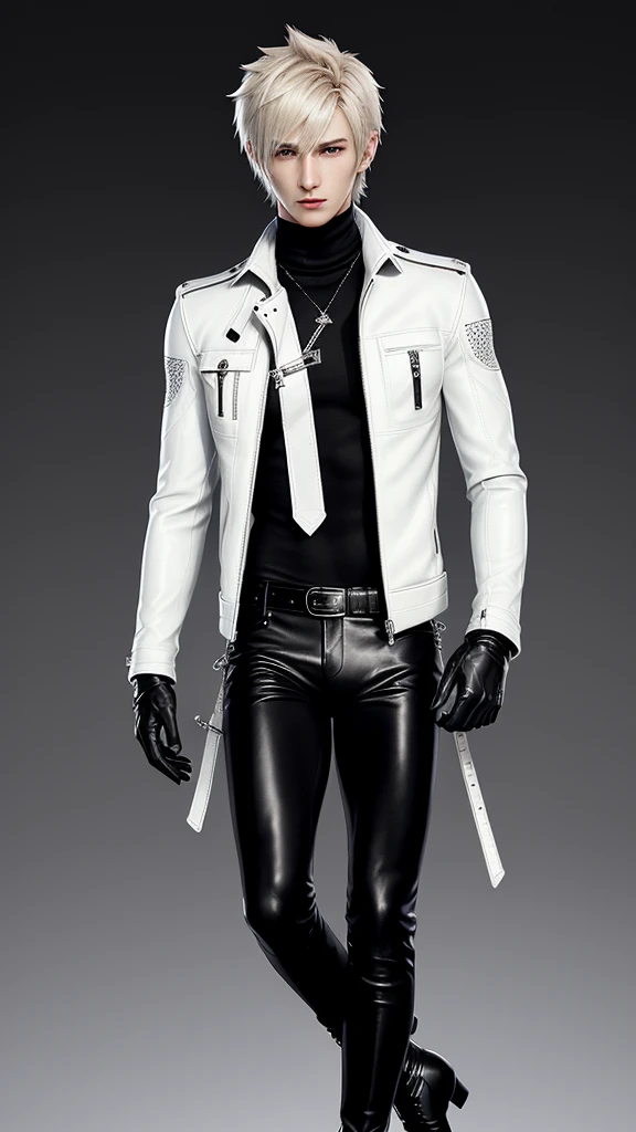 Final fantasy taste and reality graphics, Japanese young cute and cool boy, thin eyebrows and beady eyes, he wearing off white color leather thick singlebrest biker jacket, with epaulet, jacket zipped, jacket is biker style, , jacket collar is high length stand-up collar with belts, jacket is a little black line pattern, also wearing black thick turtleneck shirts, tight black leather pants, shiny black leather tight and thin glove, black leather knee-high raceup boots,views head-to-toe,views whole body, boy looks like fashion model,Do not show skin from the neck down,leather jacket leather glove and leather pants have few wrinkles,boy in the room,