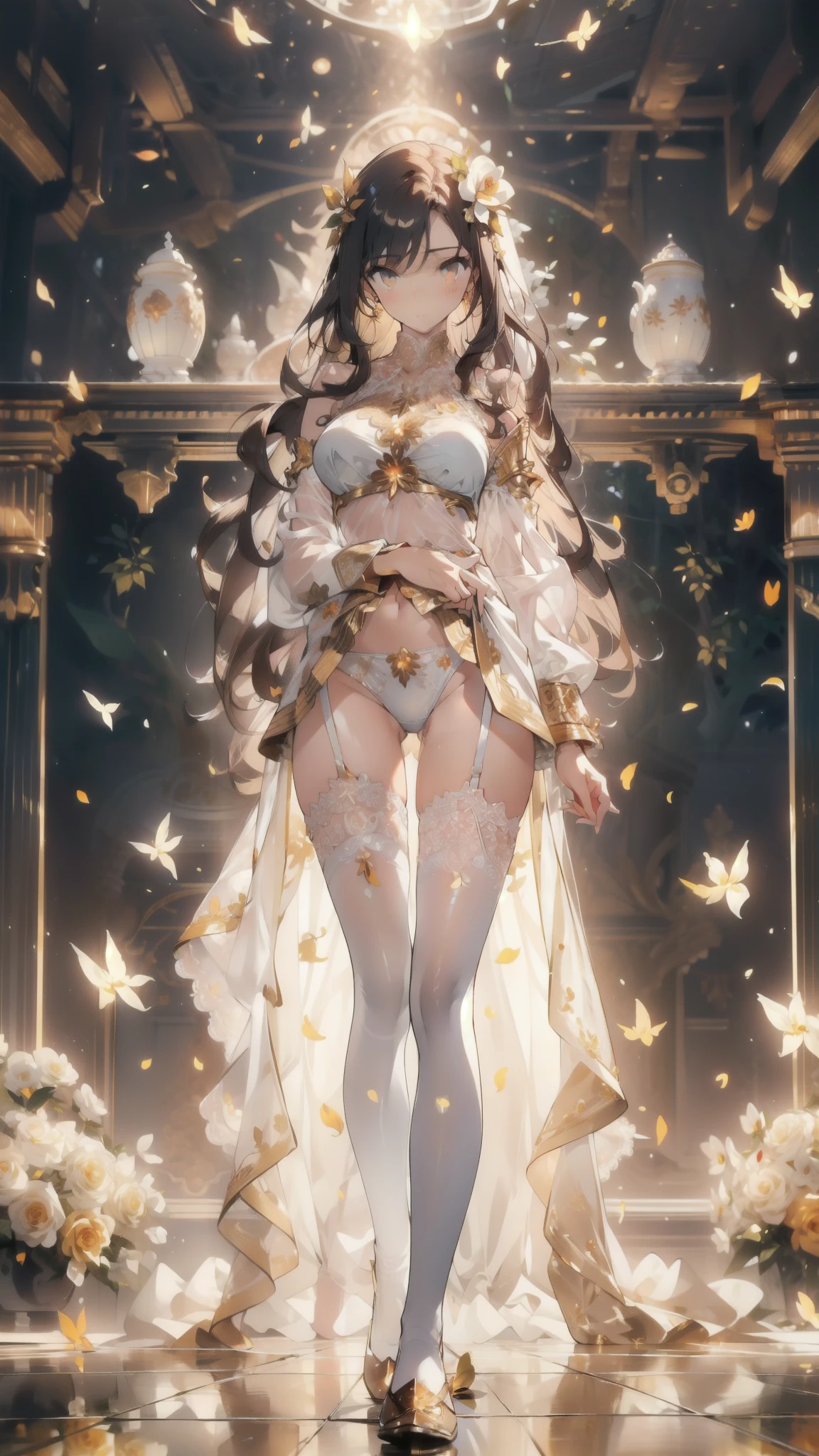 ((masterpiece, best quality)), Delicate face,Saint,whole body,Standing picture,Long legs,Large Breasts,Gradient long wavy hair,Perfect body proportions,Pretty golden eyes,Extremely beautiful,transparent, Pure white background,Orchid Rose,Garden falling leaves,Sexy_Bikini,Lace,Garter stockings