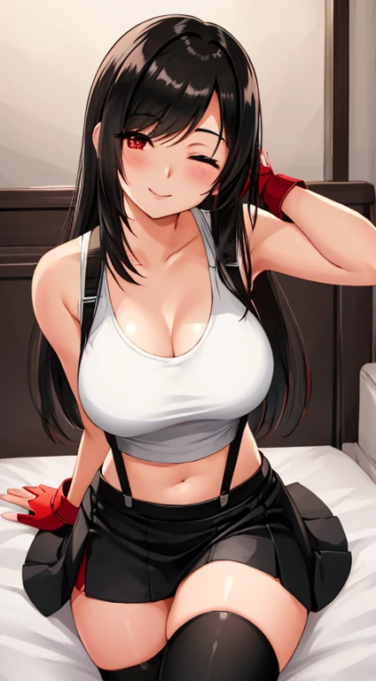 tifa ff7, 1girl, solo, looking at viewer, blush, sitting, on bed, wariza, seductive smile, white tank top, black skirt, suspender skirt, midriff, black thighhighs, red gloves, bra, zettai ryouiki, bent over, head tilt, one eye closed, exposed breasts, naked