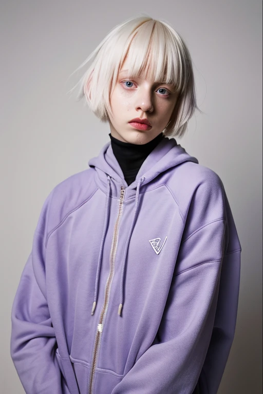 ((best quality)), ((masterpiece)). non-binary. . albino. violet eyes. medium short hair. gray clothes.