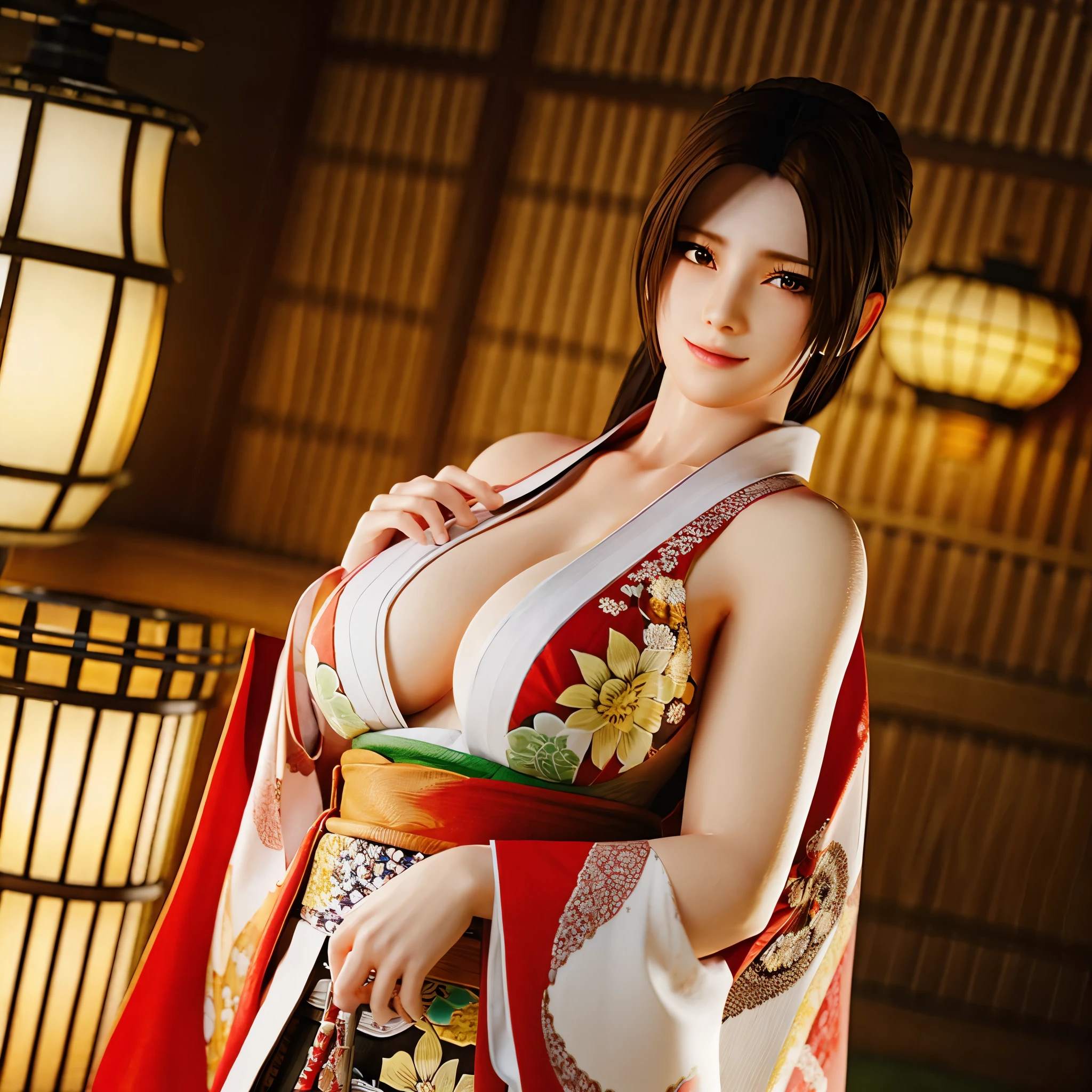 Wearing a kimono。Large breasts。The face and upper body are the main focus