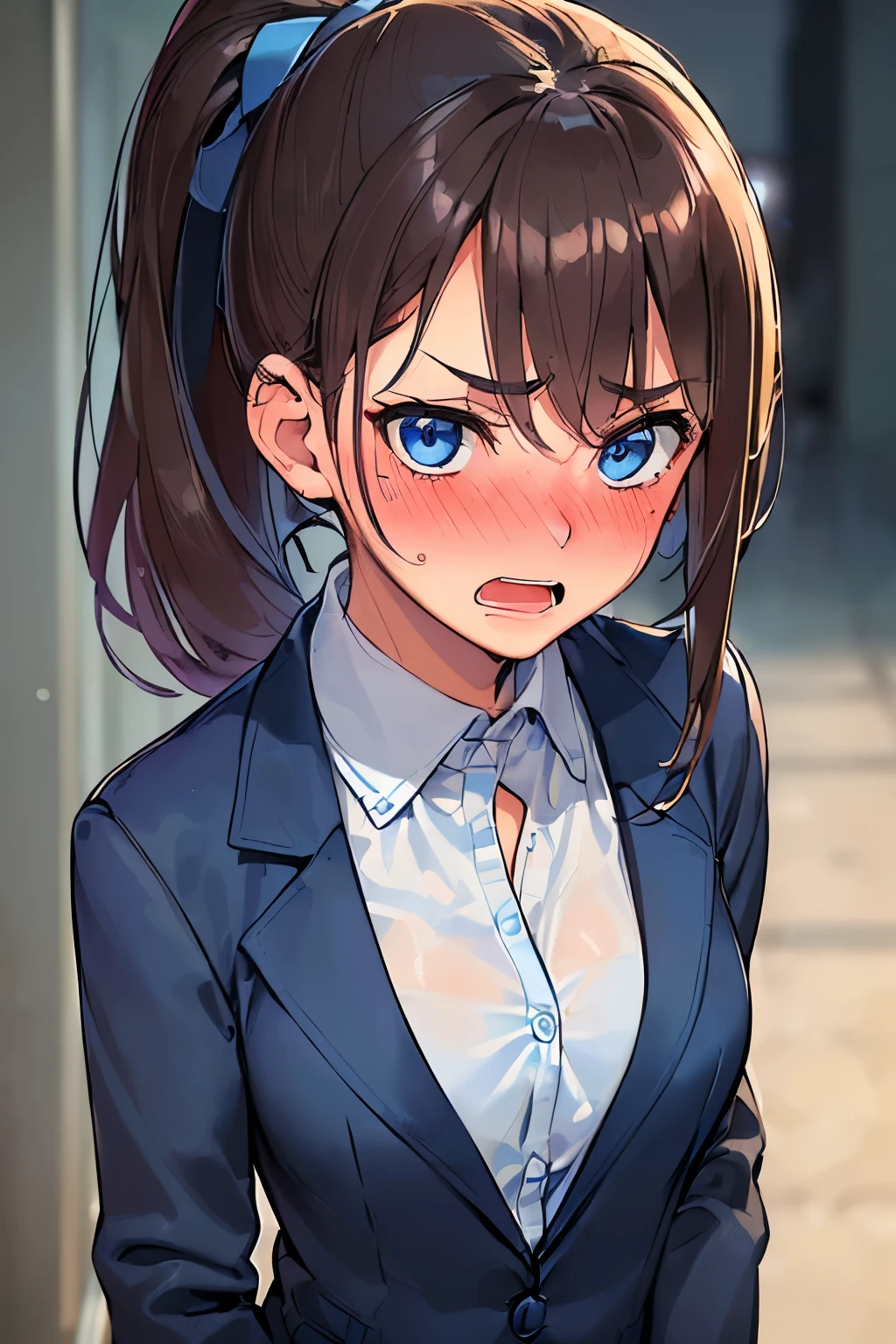 ((best quality)), ((masterpiece)), ((detailed)), (((perfect face))), (((18yo age girl))), (((dark blue suit jacket, unbuttoned white undershirt))), ((dark brown hair)), ((short ponytail)), (((blue eyes))), (((surprised))), (((open mouth))), (((blushing:1.5))), (((school corridor))), (((standing))), (((girl looking at viewer))), (((close up on upper body)))