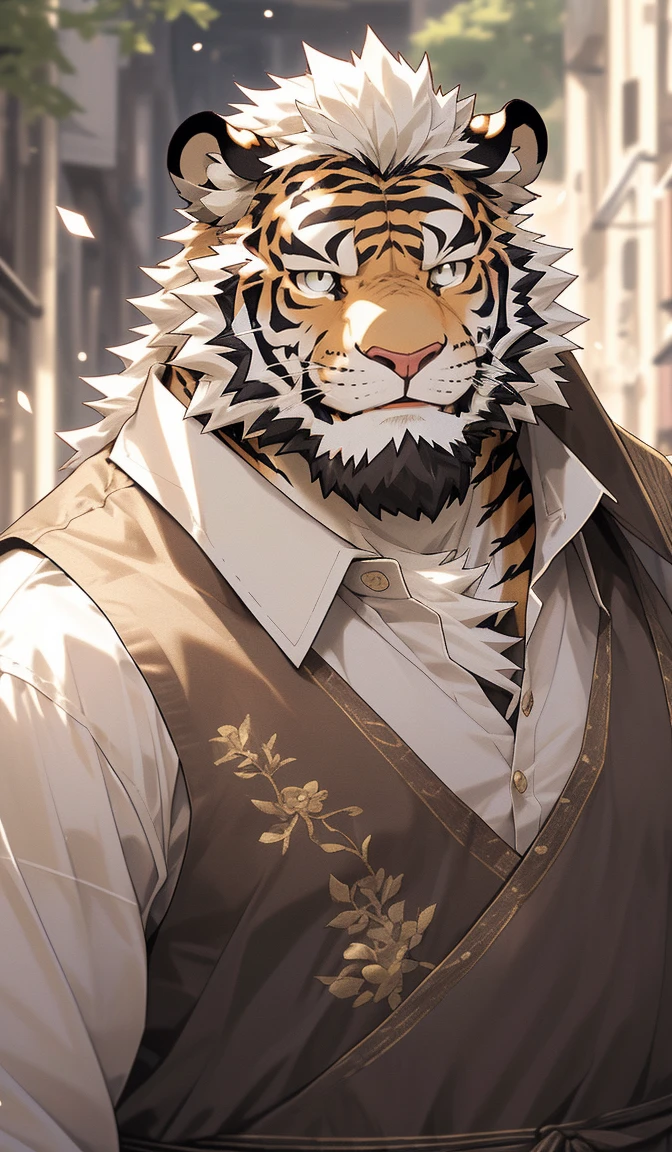 hairy,(tiger,Q version style:1.3)beard,Golden pupils,White fur,Express,Q version male,Smile,Half-length photo,Real background,极其lifelike阴影,masterpiece,Very detailed,lifelike。