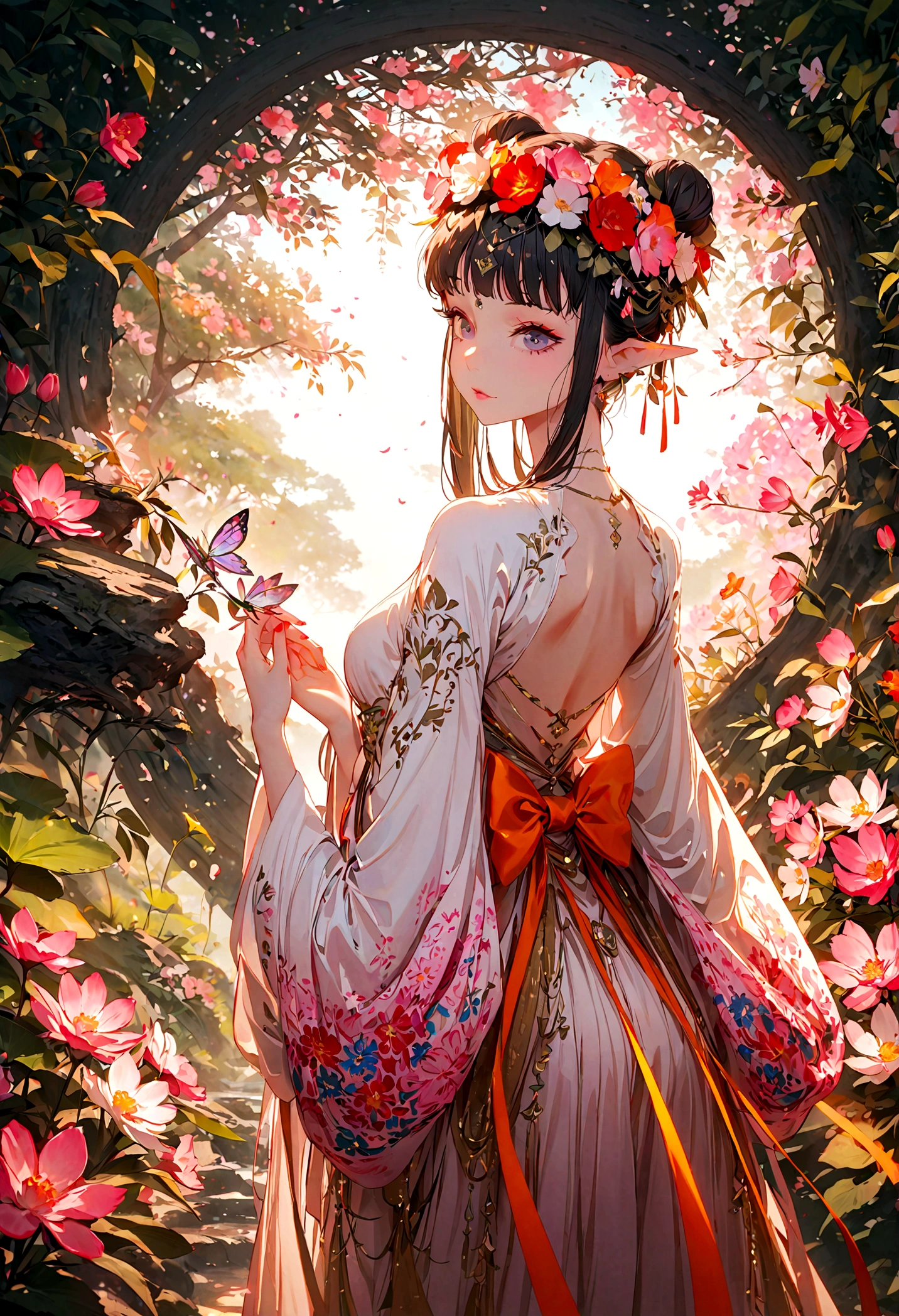 (Fairy:1.2),1 girl, forest, sunlight dappled, lush vegetation, majestic trees, still pond reflecting starry path, hidden treasure, magical realm, unforgettable journey, undiscovered wonder, alluring charm, floating robe, (flower crown:1.2), (best quality,4k,8k,highres,masterpiece:1.2),ultra-detailed,fantasy,vivid colors,cinematic lighting,Colorful Elf Robe,Extremely luxurious and exquisitely beautiful robe,Back,(from behind:1.2)