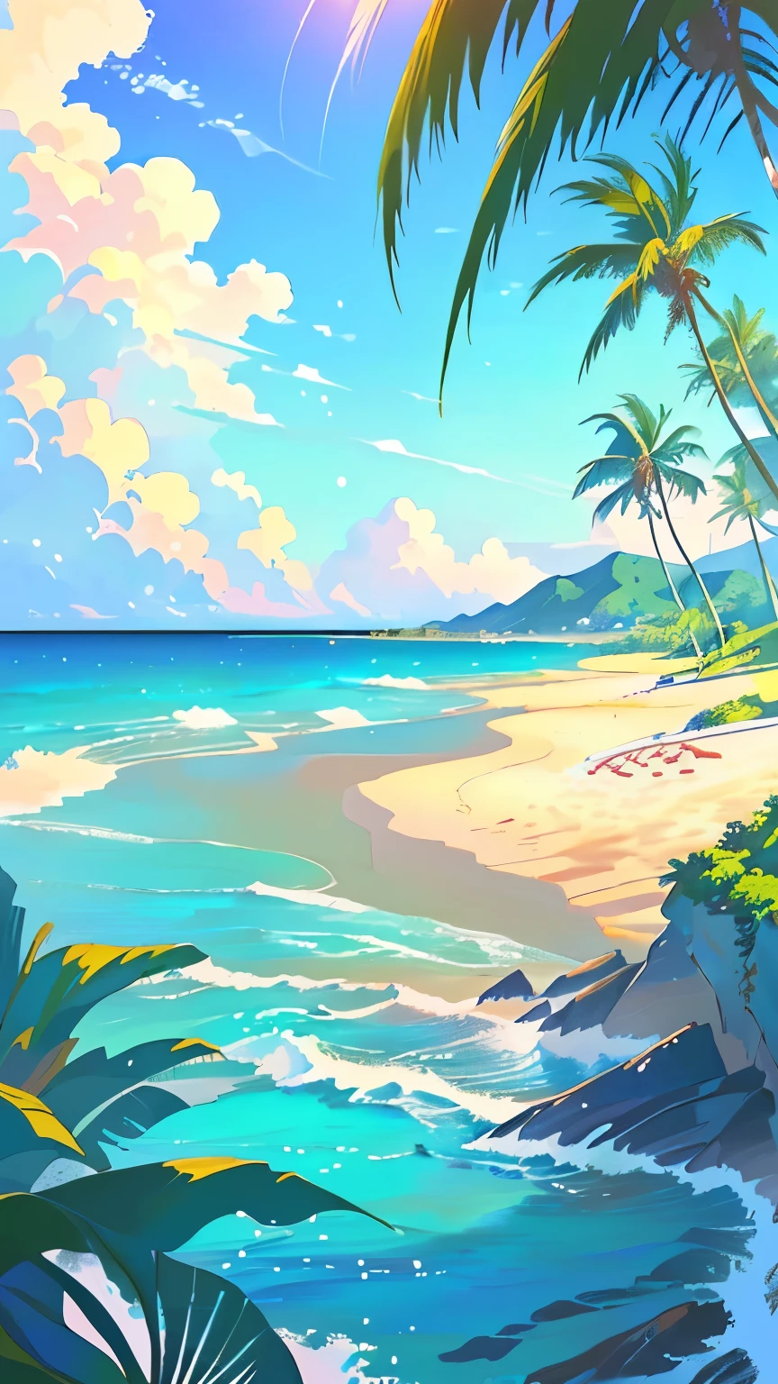 One painting depicts a tropical scene of a beach and ocean, Tropical Ocean, Detailed scenery —宽度 672, calm ocean landscape, Anime Background Art, Tropical Landscape, Anime beautiful peaceful scene, beautiful Anime Landscape, A beautiful artistic illustration, Bright sea, Beach scenery, Landscape Artwork, Anime Landscape, Anime Landscape, Fantasy seascape, Detailed scenery