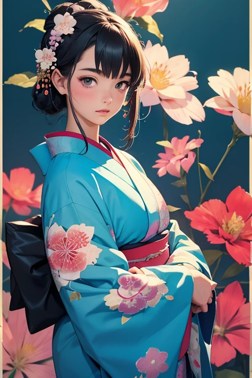 Anime girl in blue kimono with flowers in her hair, In kimono, in kimono, Japanese art style, Beautiful anime portraits, wear Kimono, Painted in an anime artist&#39;s studio, Digital anime illustration, Anime style portrait, wear Kimono,Anime-style illustrations, Anime Style 4k