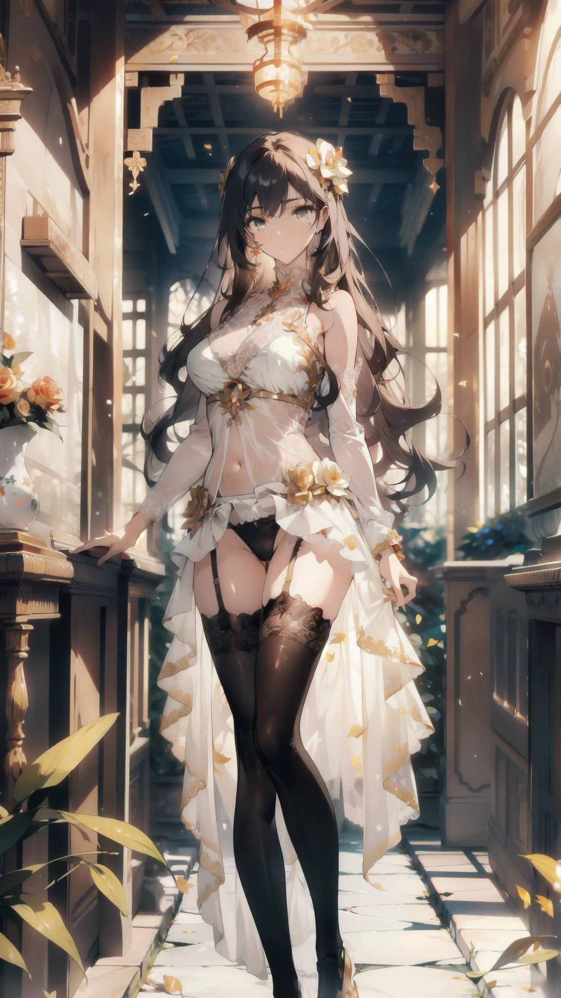 ((masterpiece, best quality)), Delicate face,Saint,whole body,Standing picture,Long legs,Large Breasts,Gradient long wavy hair,Perfect body proportions,Pretty golden eyes,Extremely beautiful,transparent, Pure white background,Orchid Rose,Garden falling leaves,Sexy_Bikini,Lace,Garter stockings