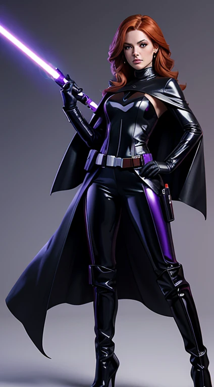Mara Jade from Star Wars, science fiction, Star Wars based setting, She's wearing a tight shiny black leather suit, tan cape, gloves, silver utility belt and high-heel boots. She's holding a purple lightsaber. Dynamic poses, whitebackground, Character concept, character art, Character portrait, tmasterpiece, beste-Qualit, best resolution, 8K