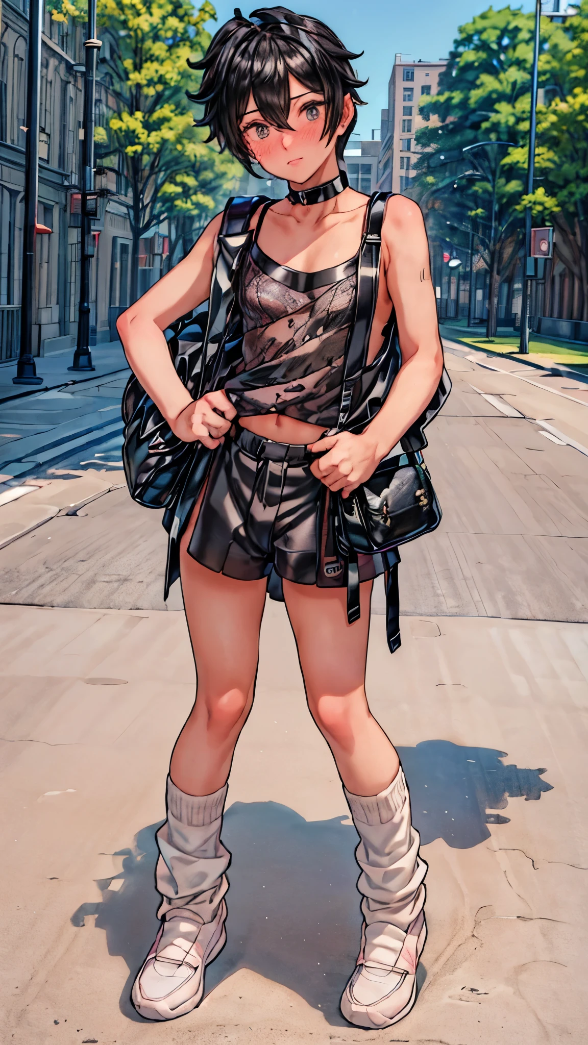 "best quality,ultra-detailed,((background:outside the park1,8)),(one boy),(full body),portraits,((sissy boy,tomboy,FemBoy,trap1,8)),((bulge1.8)),(natural makeup),black choker,necklace,earrings,(short black hair),boy's face,boys body,((nose-blush)),((nervous)),((sports-casual-style)),(black fishnet tops),(camisole),(athletic bloomer),((loose socks)),((sneaker)),(he’s having shoulder bags),vibrant colors,soft lighting"