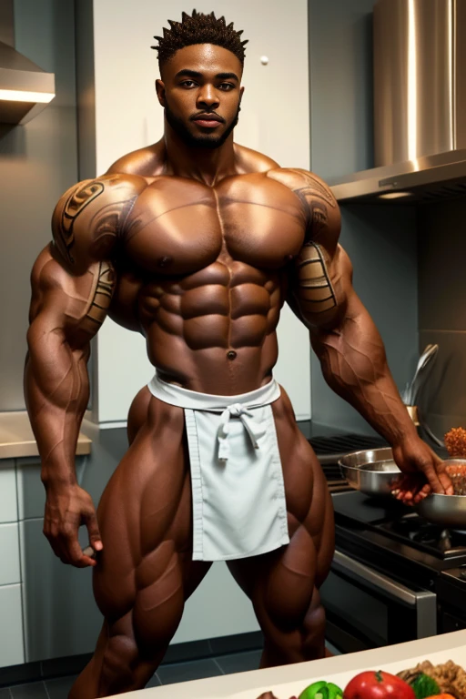 1 sexy African American twink with hair with tattoos on his body with a lot of body hair he is super strong with a lot of muscle., completamente desnudo, She wears a small, very transparent maid outfit that is very revealing and sexy., juega al chef en lacocina, revelador, desnudo, cuerpo aceitoso.