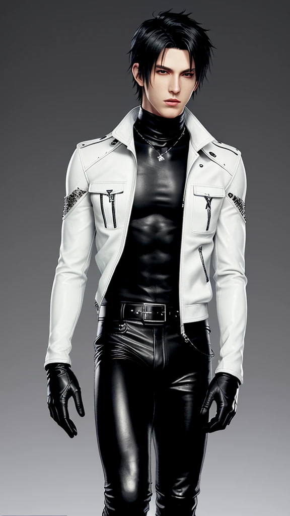 Final fantasy taste and reality graphics, Japanese young cute and cool boy, thin eyebrows and beady eyes, he wearing off white color leather thick singlebrest biker jacket, with epaulet, jacket zipped up, jacket is biker style, , jacket collar is high length stand-up collar with belts, jacket is a little black line pattern, also wearing black thick turtleneck shirts, tight black leather pants, shiny black leather tight and thin glove, black leather knee-high raceup boots,views head-to-toe,views whole body, boy looks like fashion model,Do not show skin from the neck down,leather jacket leather glove and leather pants have few wrinkles,boy in the room,