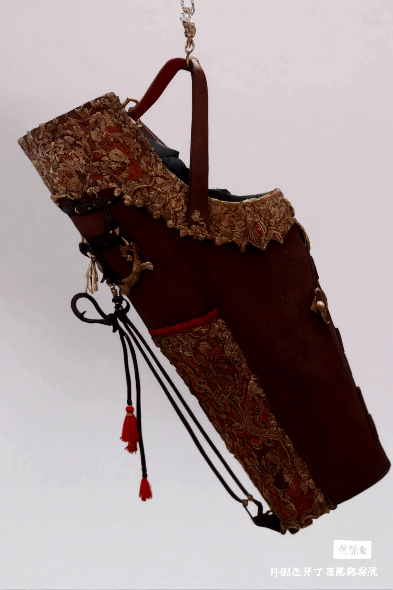 there is a purse hanging from a hook on a wall, wide belt scabbard, katana scabbard, side view intricate details, bottom - view, detailed picture, long shot view, intricate lining, Wang Chen, drawing an arrow from his quiver, sheath, intricate leather suspenders, very detailed and high quality