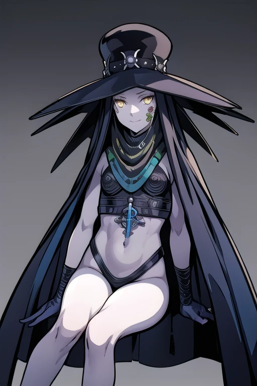 Masterpiece, best quality, Scathach, solo, female1, shin megami tensei, cape hat, black and blue cape, flower tattoo, gloves, white skin, (yellow eyes 1.1), flowing, sitting, shirt, smile, park