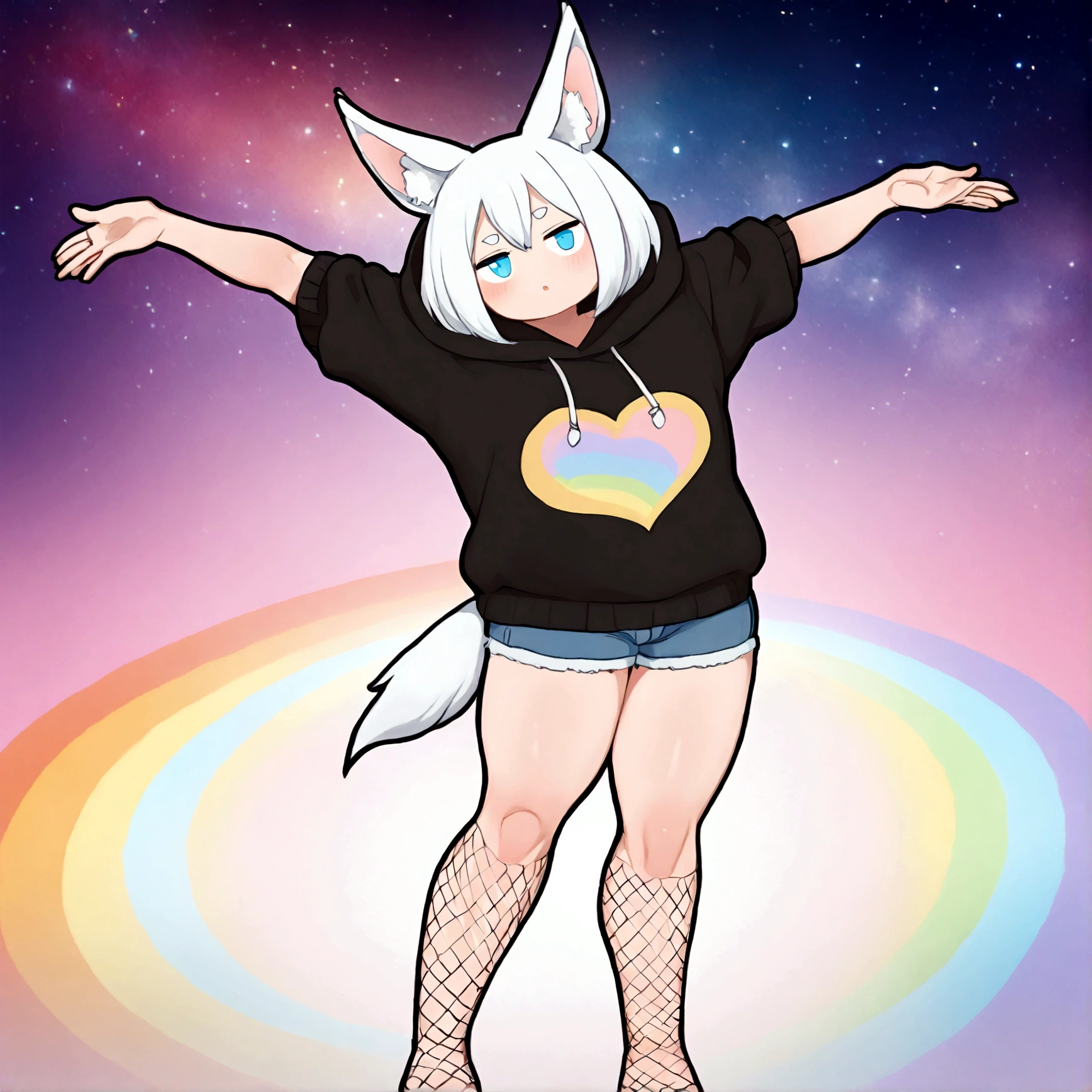 a cute adult male with wolf ears, white hair, has a wolf tail, wearing a loose cropped oversized black hoodie, wearing a pair of denim short shorts and fishnet stockings, thick thighs, wide hips, relaxing on mound of fluffy multi colored kawaii plushies, short, very slim, showing slender tummy, stretching out, heart on hoodie, squishy thighs, has glowing blue eyes. alone, solo (ALONE)(SOLO), surrounded by rainbows, colorful galaxy backround