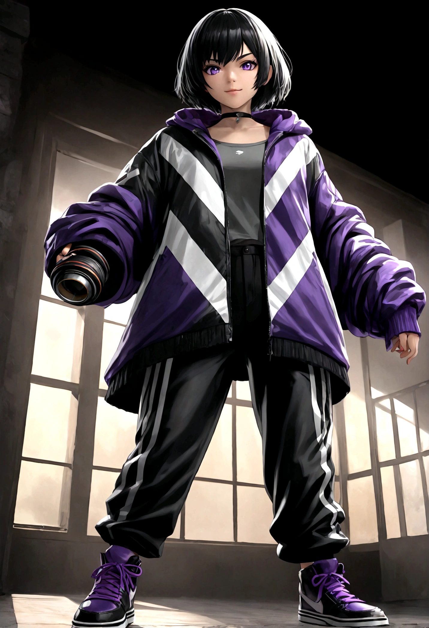 A tomboy girl with short black hair, purple pupil eyes, wearing a plain choker, short black pants, long thick stockings, and black sneakers with purple laces, smiling in an intimidating manner, anime style, Tekken art style, best quality, 4k, 8k, highres, masterpiece, ultra-detailed, realistic, photorealistic, photo-realistic, HDR, UHD, studio lighting, ultra-fine painting, sharp focus, physically-based rendering, extreme detail description, professional, vivid colors, bokeh