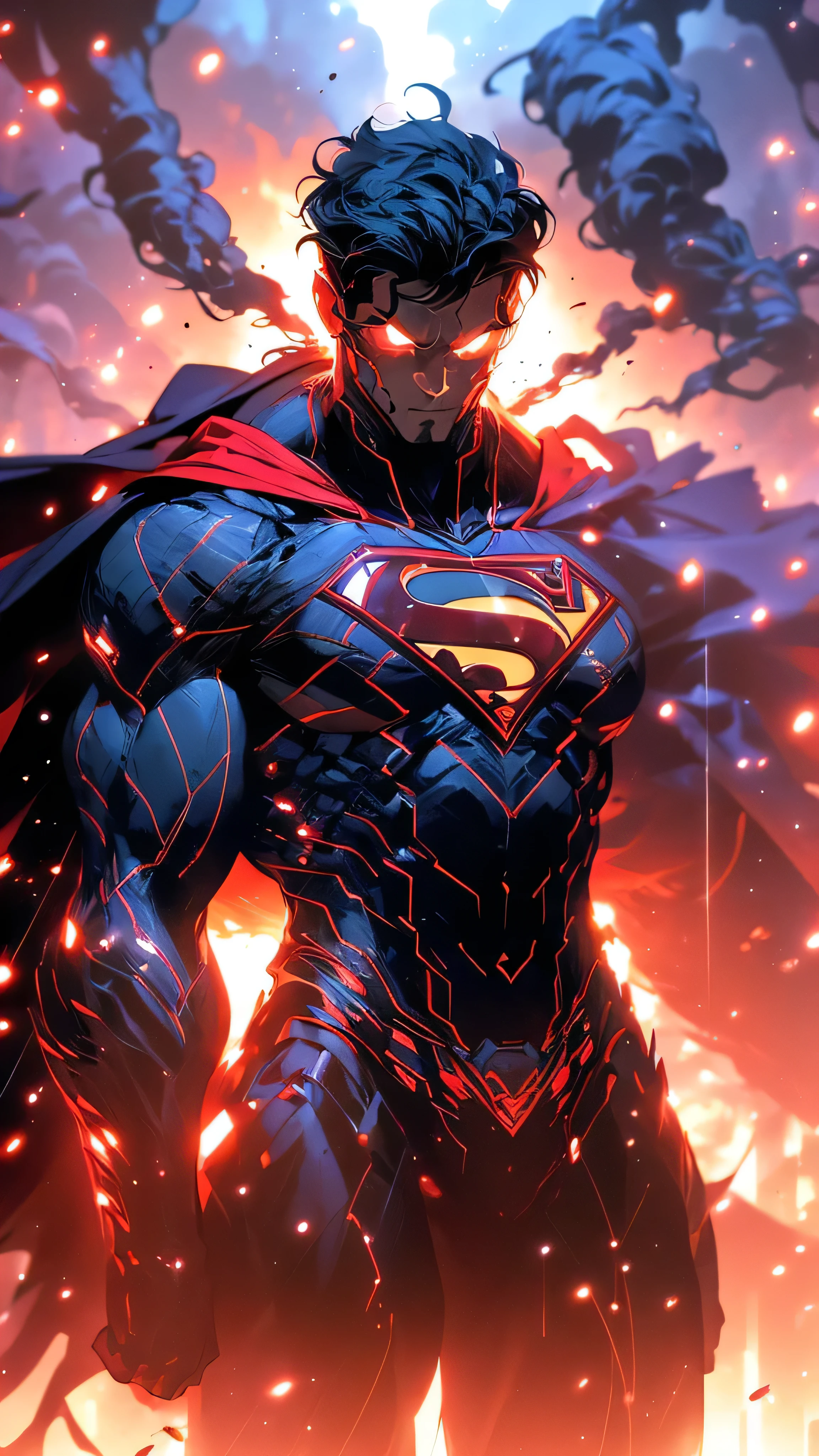 Retrato sombrio do Zombie Cyborg Superman da DC, extremamente detalhado, futuristic cityscape, noite, glowing neon lights, smoke billowing, Sparks, Metal shavings, detritos voadores, efeitos da energia azul, volumetric light