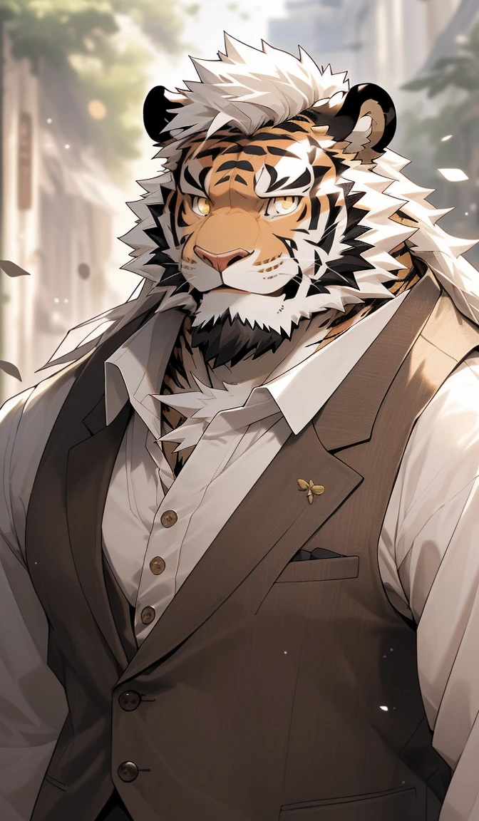 hairy，（tiger，Q version style：1.3）beard，Golden pupils，White fur，Express，Q version male，Smile，Half-length photo，Real background，极其lifelike阴影，masterpiece，Very detailed，lifelike。