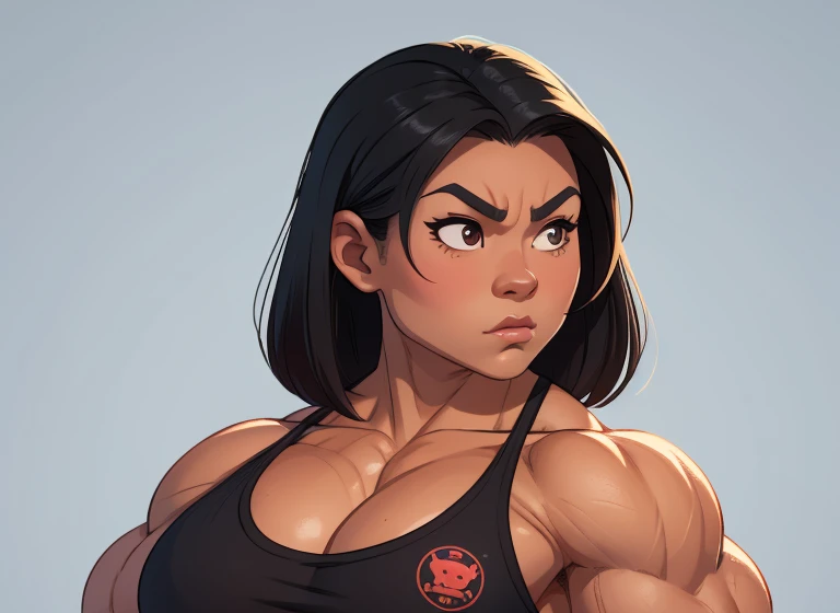 a striking Asian muscle woman with an imposing presence with facial features that are bold and determined, complemented by intense eyes that reflect both confidence and a hint of mischief. flexing muscles wearing red muscle shirt and black short shorts, her hair straight, jet-black flowing down her back, adding to the dynamic aura she carries, muscle woman, big muscles, huge muscles, massive muscles, muscle girl, light skin,