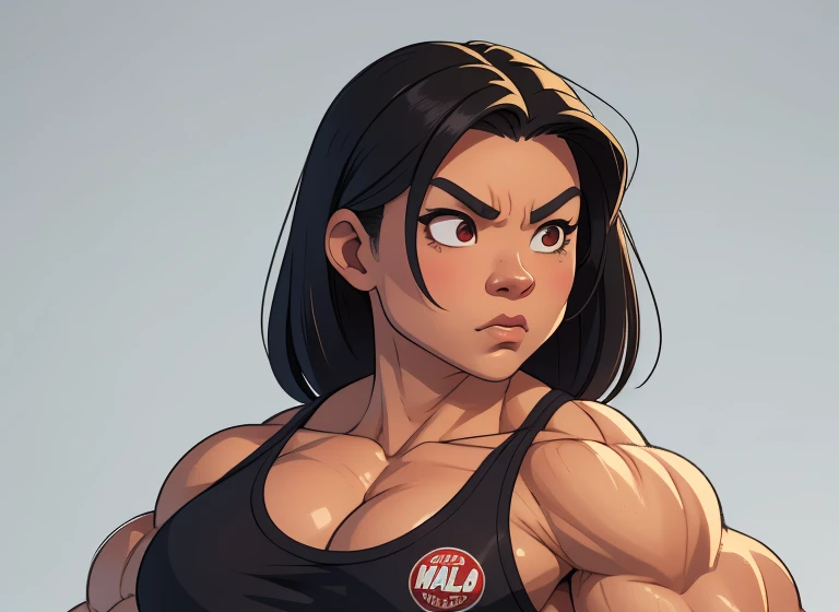 a striking Asian muscle woman with an imposing presence with facial features that are bold and determined, complemented by intense eyes that reflect both confidence and a hint of mischief. flexing muscles wearing red muscle shirt and black short shorts, her hair straight, jet-black flowing down her back, adding to the dynamic aura she carries, muscle woman, big muscles, huge muscles, massive muscles, muscle girl, light skin,