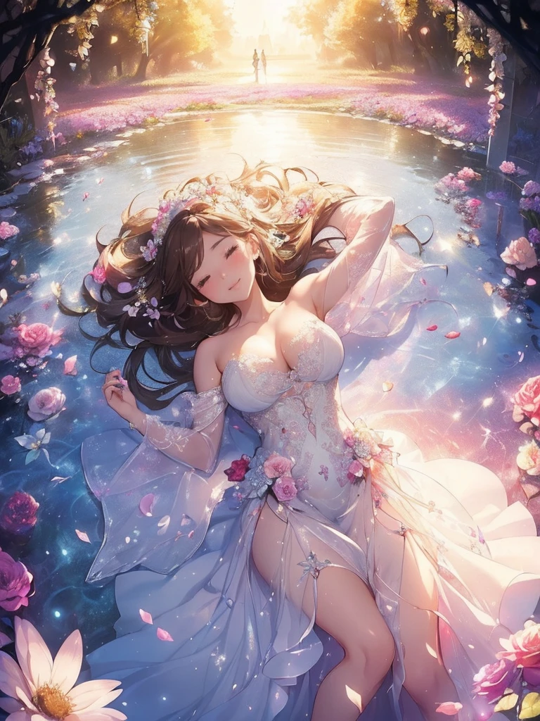 最high quality、1 beautiful woman, ((sleep on your back,)) Sleeping in the pool、whole body、Lying down in the pool、Wet、In the water、Lying on its back on the water, looking at you、Panties、Blushing、To act embarrassed、、、Filled with red roses、 NP: Worst quality ,flower fractal fine art、Fill the screen with flowers、Bigger on the screen、Lie on your back and face this way、Beautiful Eyes、lie on flower,s Water, Sleeping Princess、Fairy tale、Märchen Beautiful Eyes,High-definition depiction, Realistic, 8k, Unity, , light smile, Beautifully and vividly drawn, , Beautiful, beautiful, clear skin、sexy see-through white dress ,sexy 、Ecstasy、 Raise your arms behind your head, Romanticism,mosquito。 The most beautiful form of chaos, Mr..々color, Intertwined flowers, P article,Magical gentle light,smile,sexy,image quality、masterpiece、Beautiful Face、Super beautiful woman((Big breasted 22 year old office lady、Bust 100,Beautiful long ironed hair、Brown Hair、height: 165cm。、sexy、Esbian、high quality、、Visual Arts、最high quality、1 woman NP: Worst quality ,Flower fractal art、、Beautiful radiance,High-definition depiction, Realistic, 8k, Unity, , light smile, Beautifully and vividly drawn, , Beautiful, beautiful, clear skin、sexy ((see-through dress,))Countless rays of light pouring down, Swirling Light, , Raise one arm above your head, Intense light is emitted from the magic flower circle in front of the girl. Romanticism,: The most beautiful form of chaos, Mr..々color, Intertwined flowers, Particle,magical gentle light,smile,sexy,image quality、masterpiece、Beautiful Face、Super beautiful elf woman((Big breasted ,Beautiful 、sexy、Esbian、、high quality、Visual art、Written boundary depth、、、、universe、Happy smile、、、elegant、ticker beautiful decorative、、magic、、Beautiful 、A kind smile、wonderful、Fluttering petals、、Cultivate fantasy、、Mystery light Lots of flowers、、art、art,mystery,Ultra-high resolution,atmosphere 最high quality、((sleep on your back))