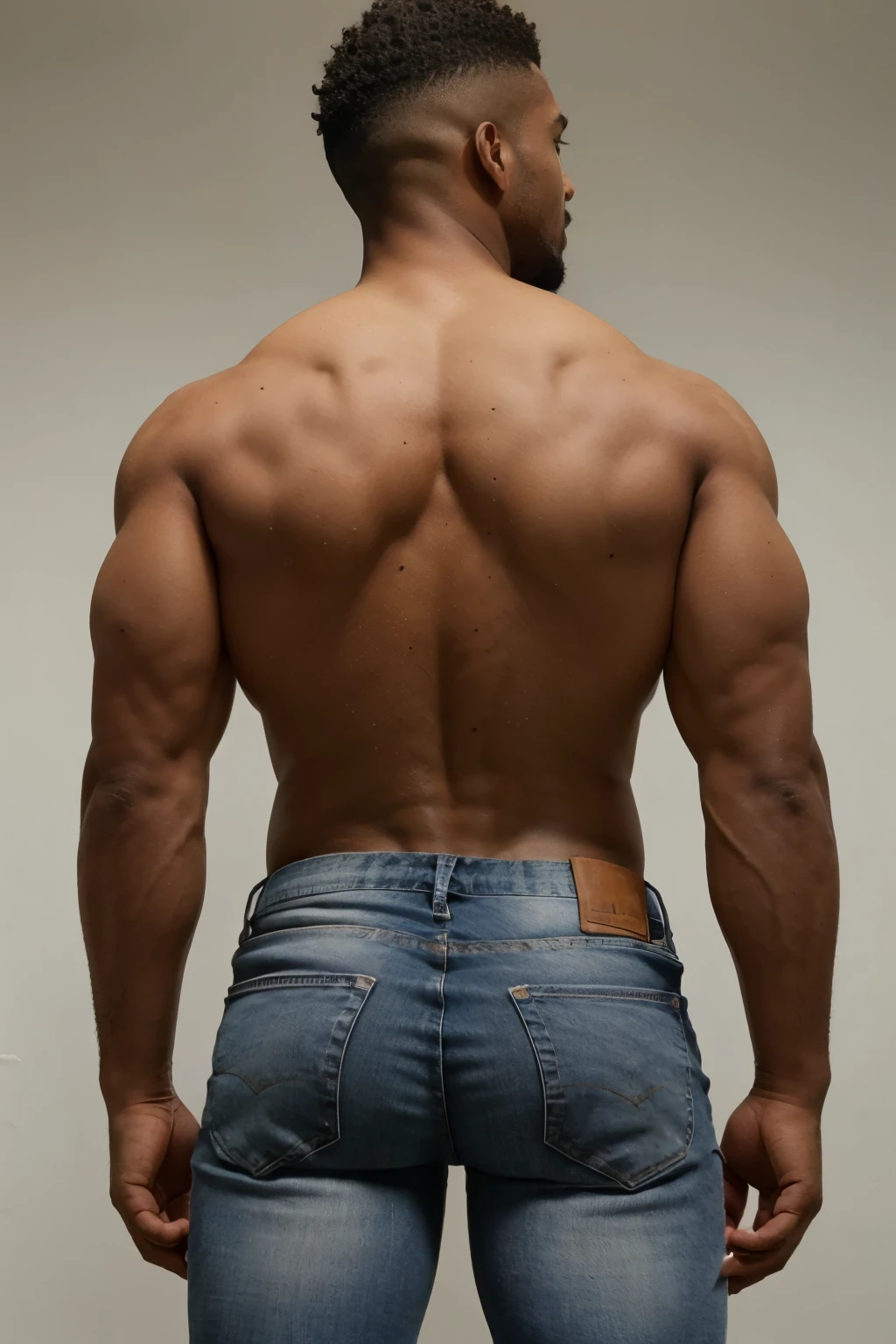 jogador de futebol, homem negro, very handsome, cabelos brancos, muscular, full body, beige jeans (((backside))) bent over