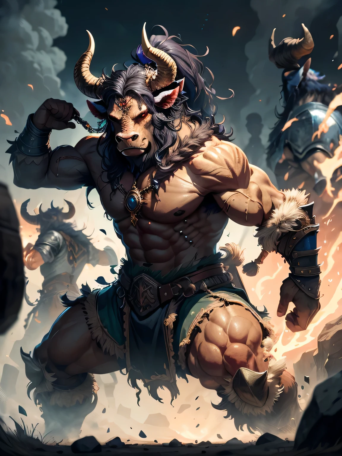 a Minotaur in ded world, warrior in power pose