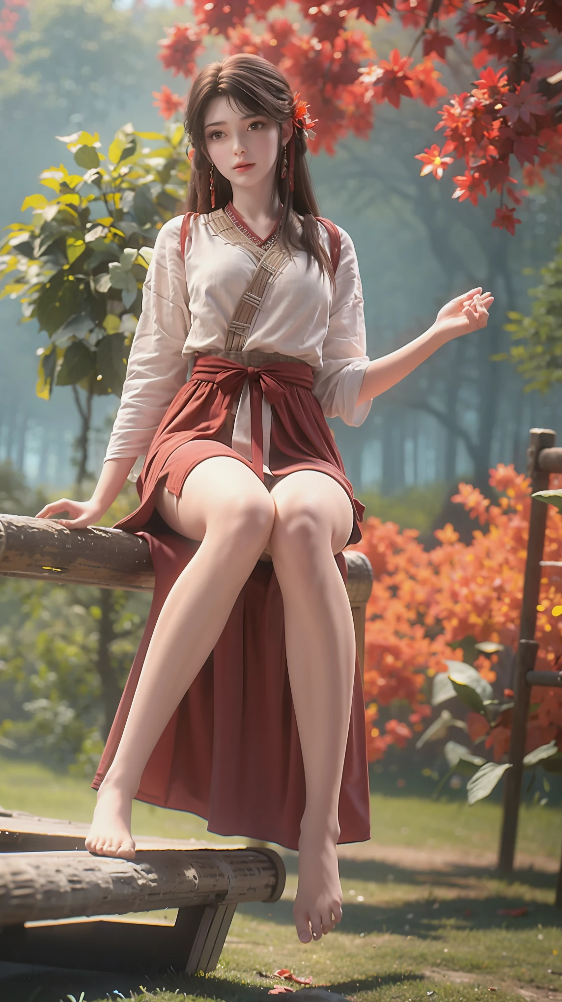 A girl in a dress，Autumn theme，dusk，Maple Forest，Maple leaves everywhere，((Shot in the knee)),（masterpiece、best quality、high resolution），Full body portrait，Full body capture，（Color Background，（Splash of Color）），Sweet girl，curls，Shiny，Splash of Color，Volumetric Lighting，Full breasts, elegant gesture, Sexy slender legs，（（barefoot））