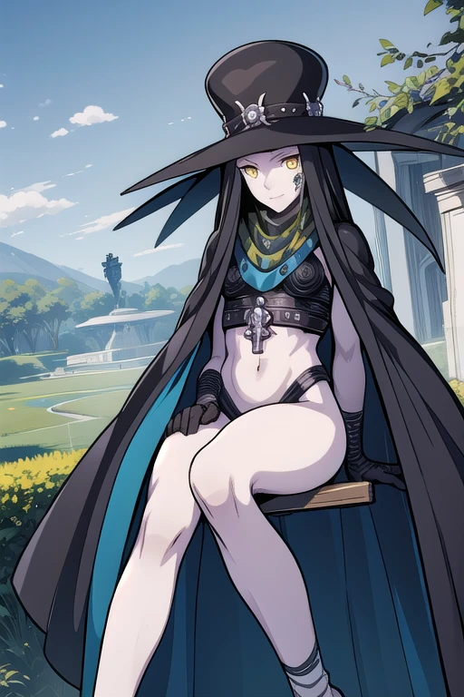 Masterpiece, best quality, Scathach, solo, female1, shin megami tensei, cape hat, black and blue cape, flower tattoo, gloves, white skin, (yellow eyes 1.1), flowing, sitting, shirt, smile, park