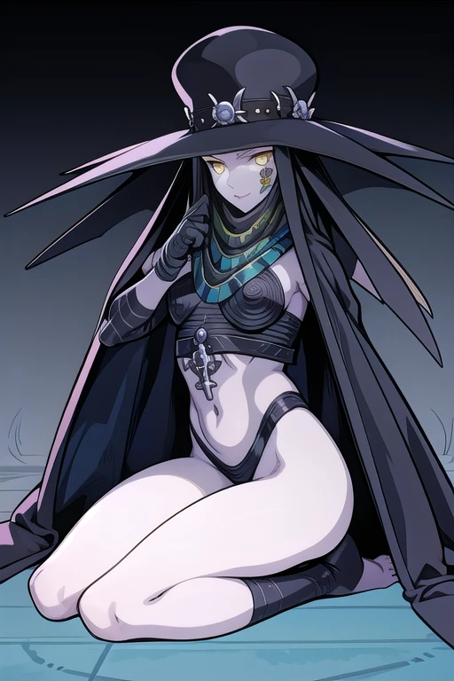 Masterpiece, best quality, hach, solo, female1, shin megami tensei, cape hat, black and blue cape, flower tattoo, gloves, white skin, (yellow eyes 1.1), flowing, sitting, shirt, smile, park