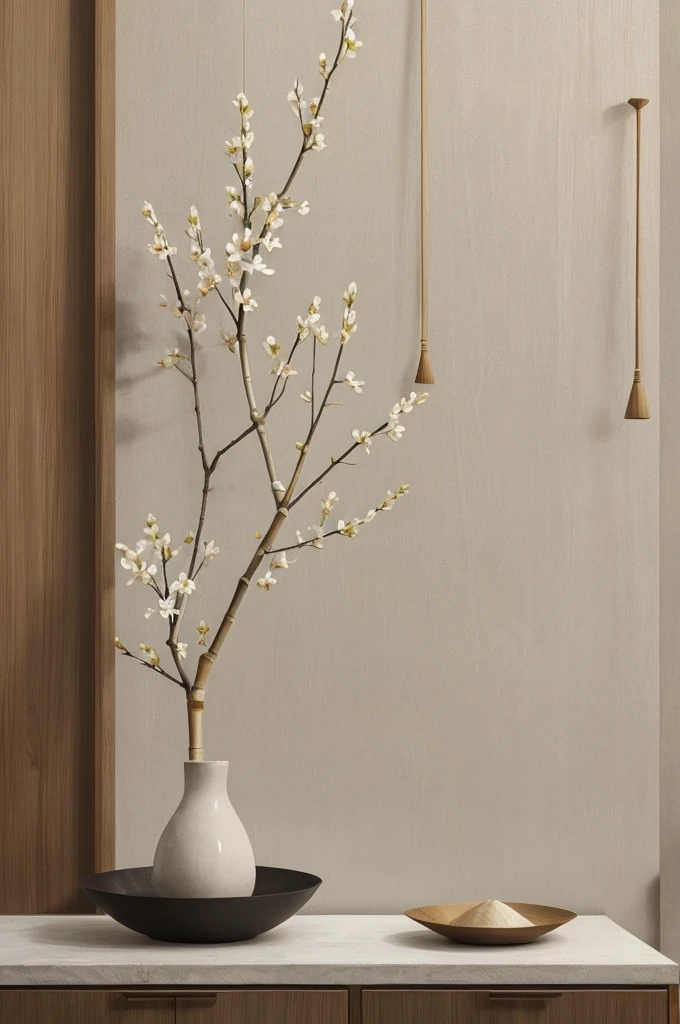 Create a Japandi-style wall art piece. The artwork should seamlessly blend Japanese minimalism with Scandinavian functionality. Use a neutral color palette consisting of soft whites, warm beige, muted greys, and natural wood tones. Incorporate elements of nature, such as delicate cherry blossoms, bamboo, or ginkgo leaves, and combine them with simple geometric patterns or abstract forms.
The composition should be balanced and harmonious, emphasizing clean lines and negative space. Textures should evoke a sense of tranquility and calmness, using techniques like watercolor washes, ink brush strokes, or subtle woodgrain effects. Avoid clutter and focus on the beauty of simplicity, aiming for an elegant, serene aesthetic that reflects both cultures' appreciation for craftsmanship and nature