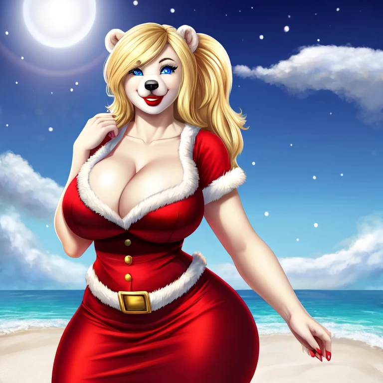 Blonde polar bear woman, wearing a backless Santa dress, perfect face, blue eyes, big breasts, cleavage, big butt, red lipstick, solo, smile, perfect detailed body,